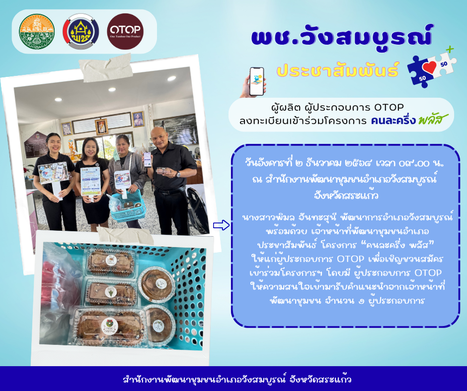 สพอ.วังสมบูรณ์ ประชาสัมพันธ์เชิญชวนผู้ประกอบการ OTOP เข้าร่วมโครงการ “คนละครึ่ง พลัส”